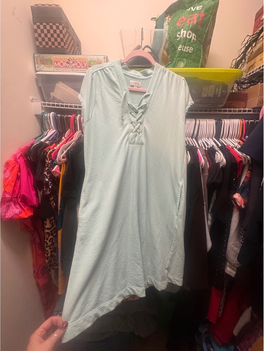 Wonderly Mint Lace Up Sweatshirt Dress Rounded Hem Pockets M